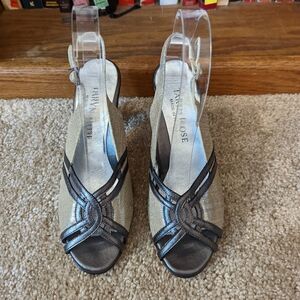 𝅺taryn rose peeptoe slingback gold and brown leather heels sz 36 euc